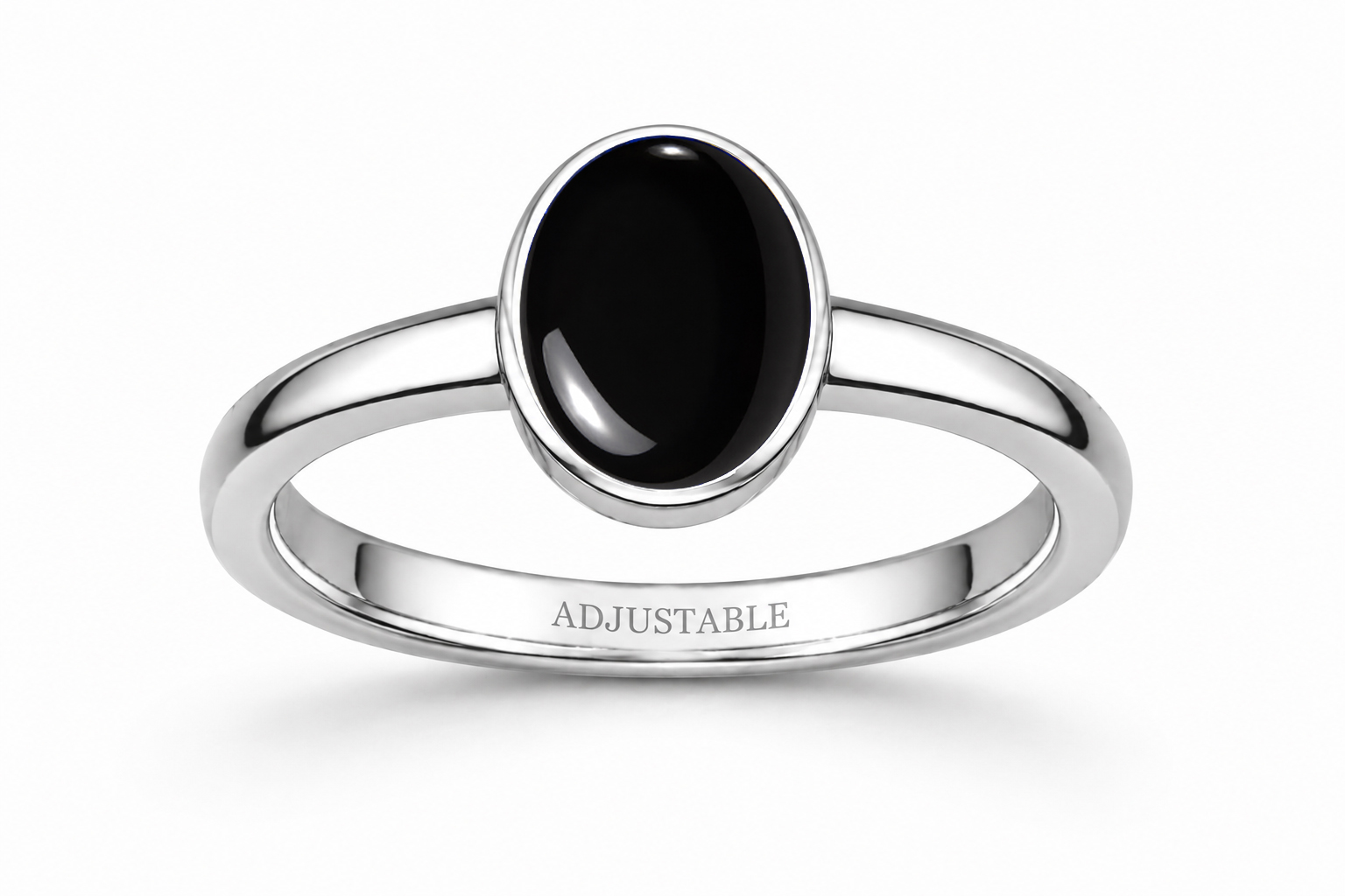 Black agate silver simple adjustable ring