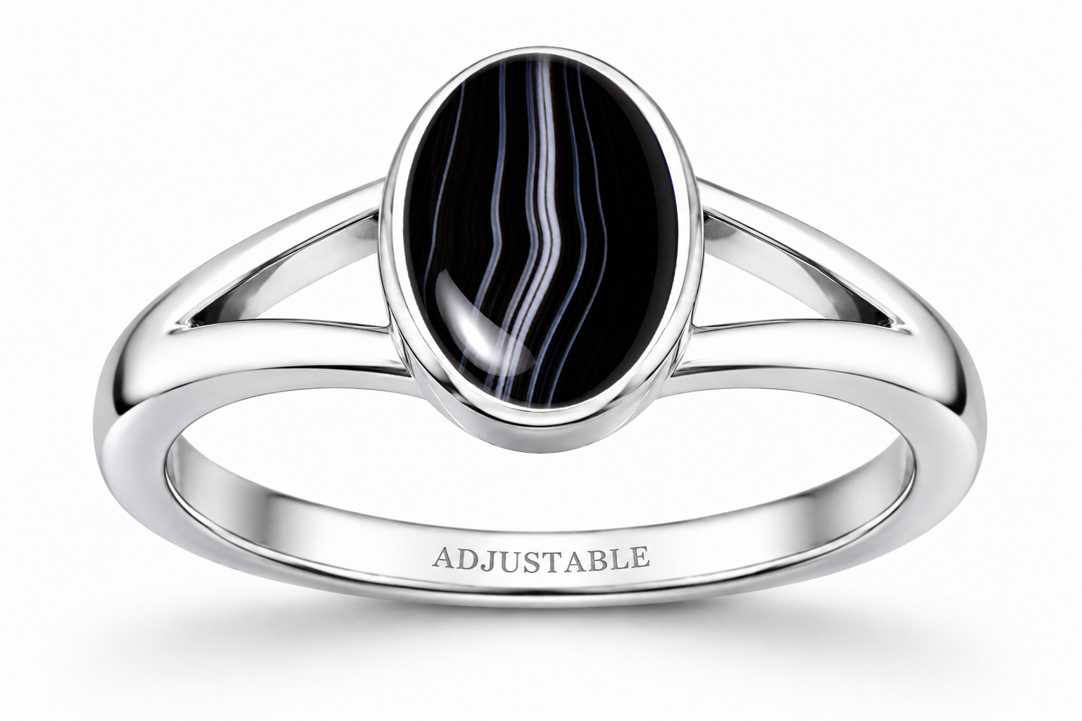 Black chalcedony silver adjustable ring